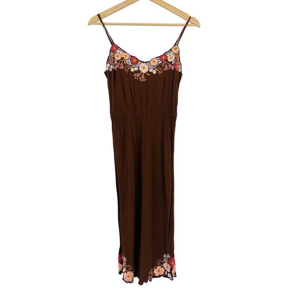 Auguste Midi Dress Womens XS Brown Floral Embroidered Lace Trim